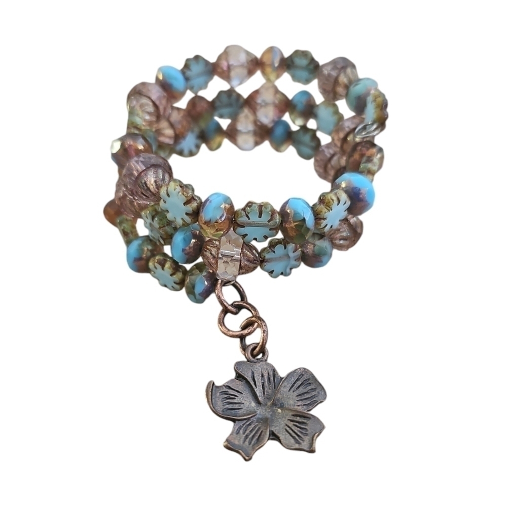 Czech Glass Beaded Bracelet with Artisan Flower Beads, Mint Green and Champagne